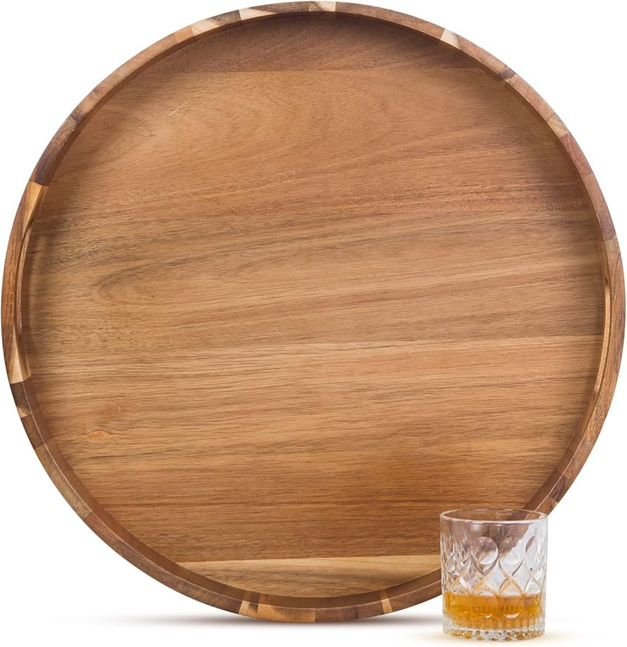 GinSent 22 Inches Extra Large Round Serving Tray with Handles,Oversized Wooden Decorative Ottoman... | Amazon (US)