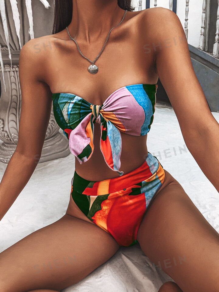 SHEIN Swim Vcay Allover Graphic High Waisted Bikini Swimsuit | SHEIN