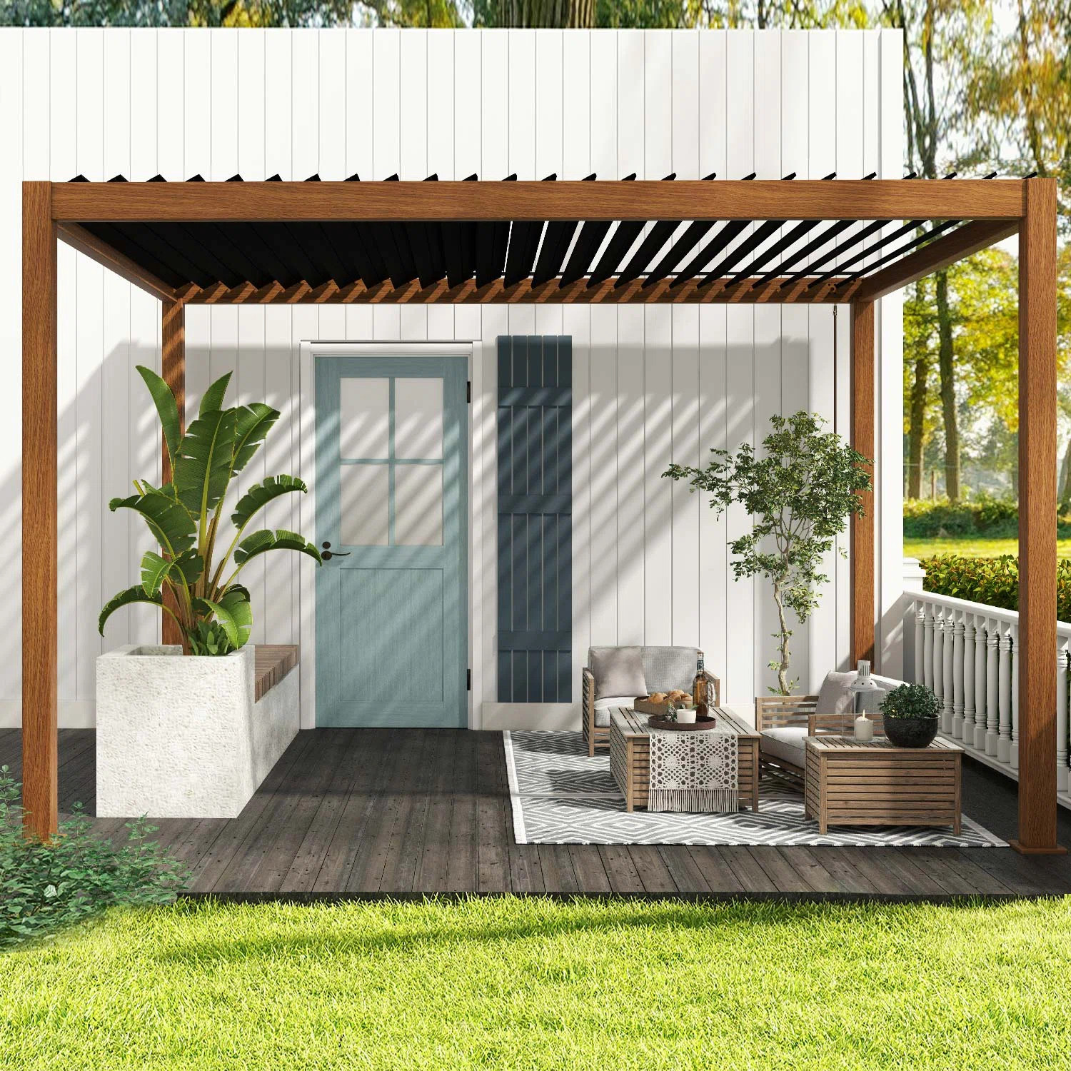 Mirador 111S Takasho Wood Grain Aluminum Pergola with Adjustable Rainproof Louver & Reviews | Way... | Wayfair North America