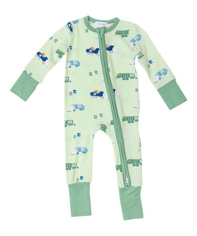 Green & Blue Recycling Trucks Two-Way Zip-Up Playsuit - Newborn & Infant | Zulily
