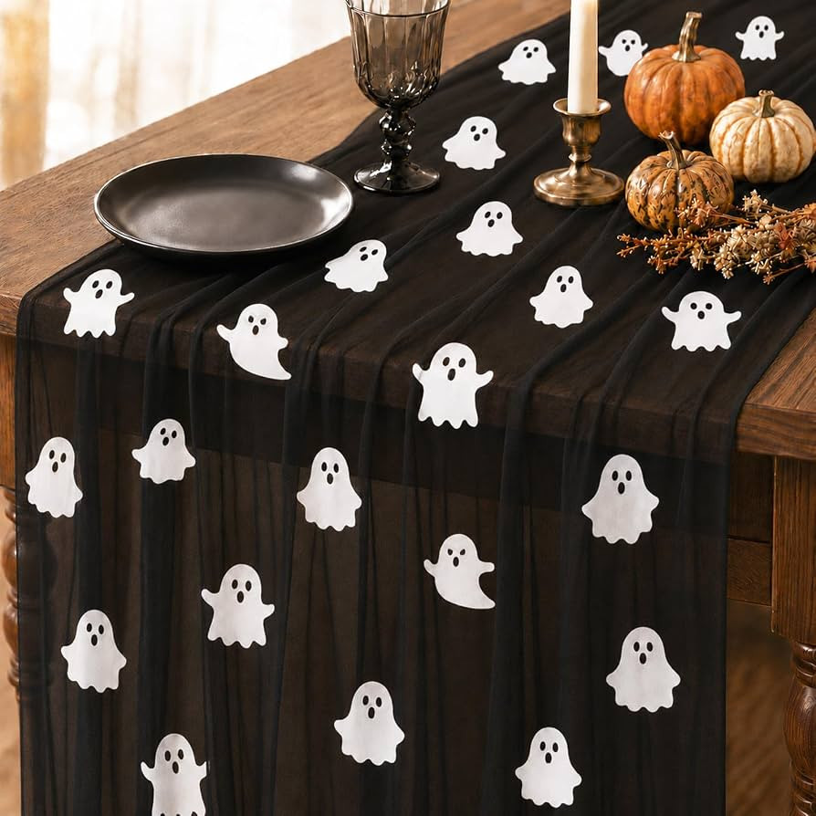 4 Pcs Halloween Ghost Table Runner 29x72 Inch Black Mesh Table Decor | Amazon (US)