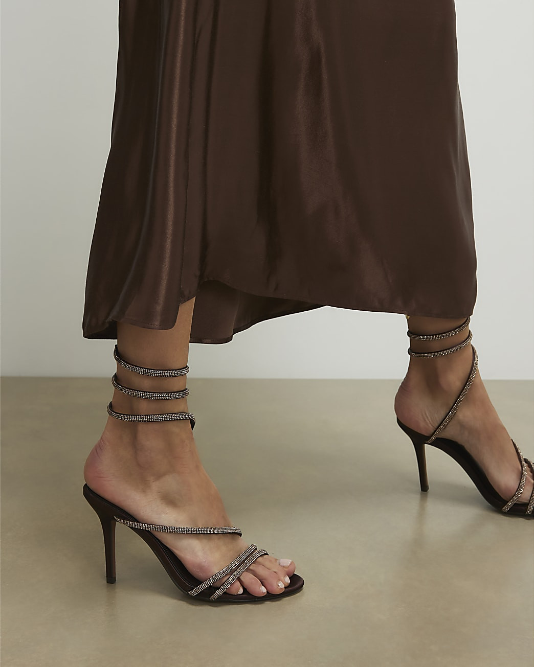 Brown Embellished Wrap Around Heeled Sandals | River Island UK & IE