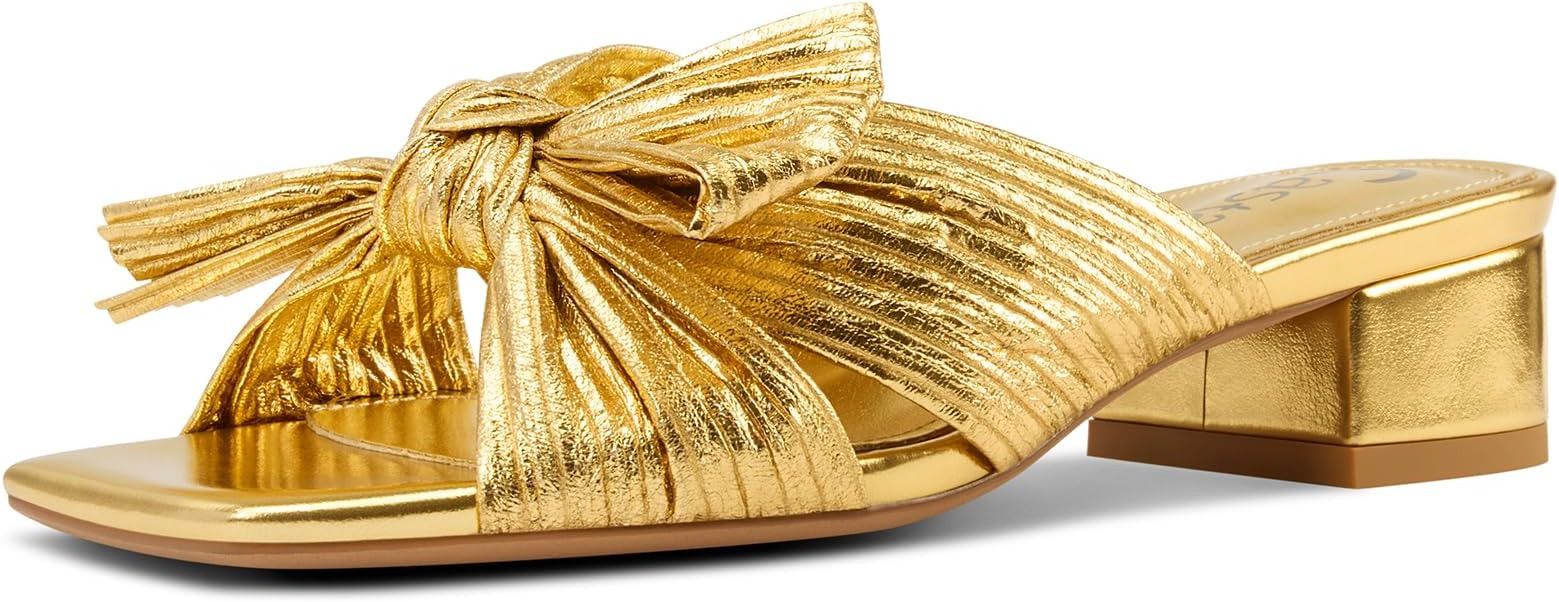 Castamere Women's Pleated Bow Knot Low Chunky Block Heels Slip-on Open Square Toe Mules Sandals W... | Amazon (US)