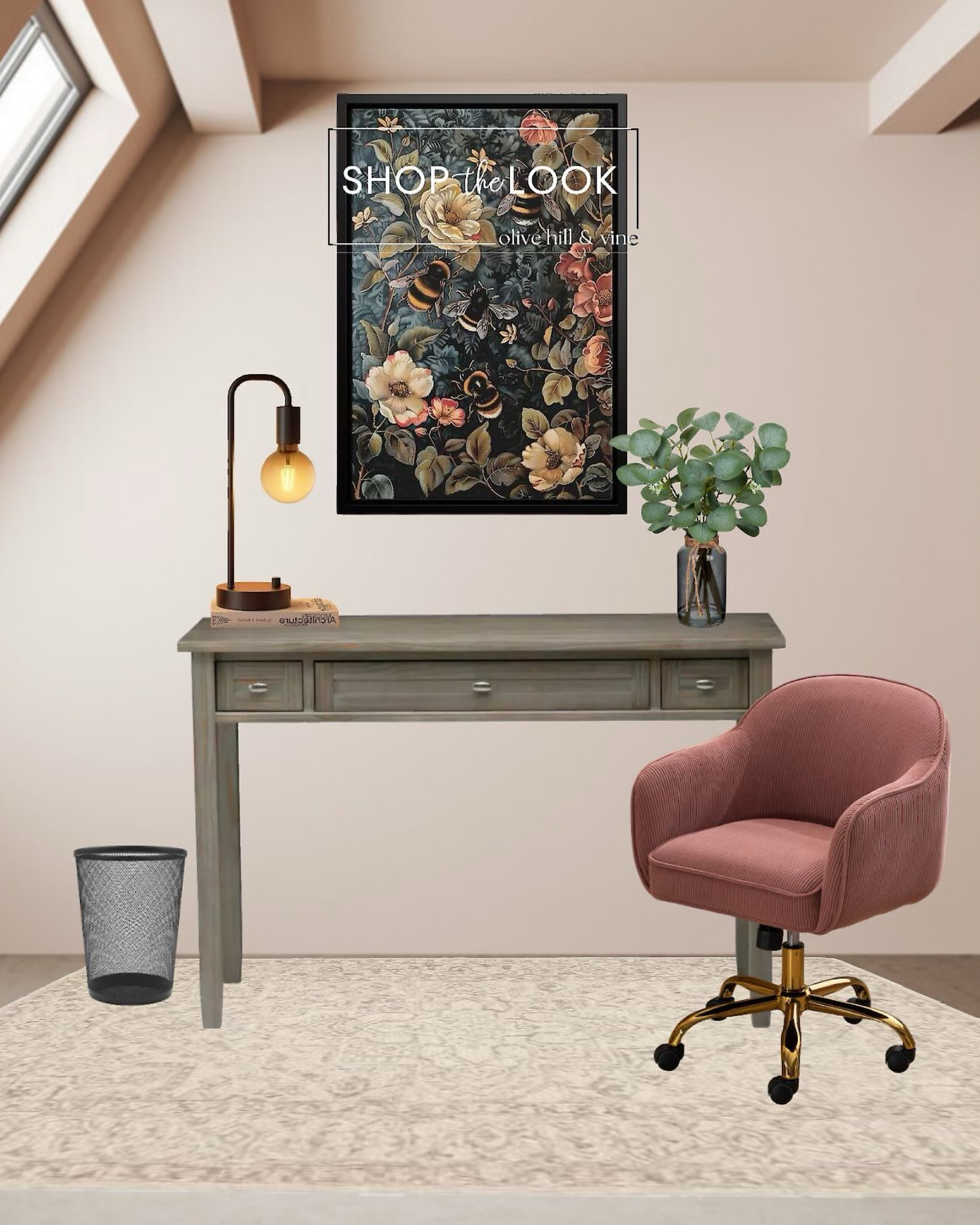 Say goodbye to dull office spaces! The distressed gray desk offers ample room for all your work essentials, with sleek storage and a pull-out keyboard tray. Pair it with pink velvet seating, a moody William Morris bee print, and an industrial lamp for a perfect mix of chic and functional vibes. 

#LTKHome #LTKStyleTip #LTKFamily