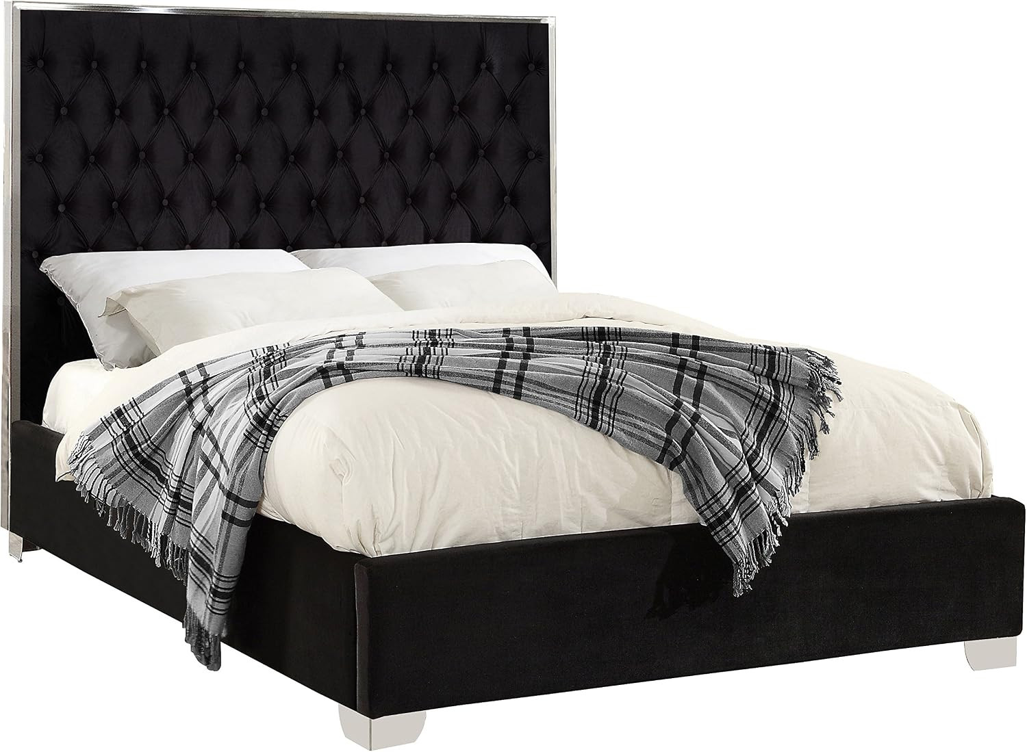 Meridian Furniture Lexi Collection Modern | Contemporary Velvet Upholstered Bed with Deep Tufting, Polished Chrome Stainless Steel Frame and Legs, King, Black | Amazon (US)