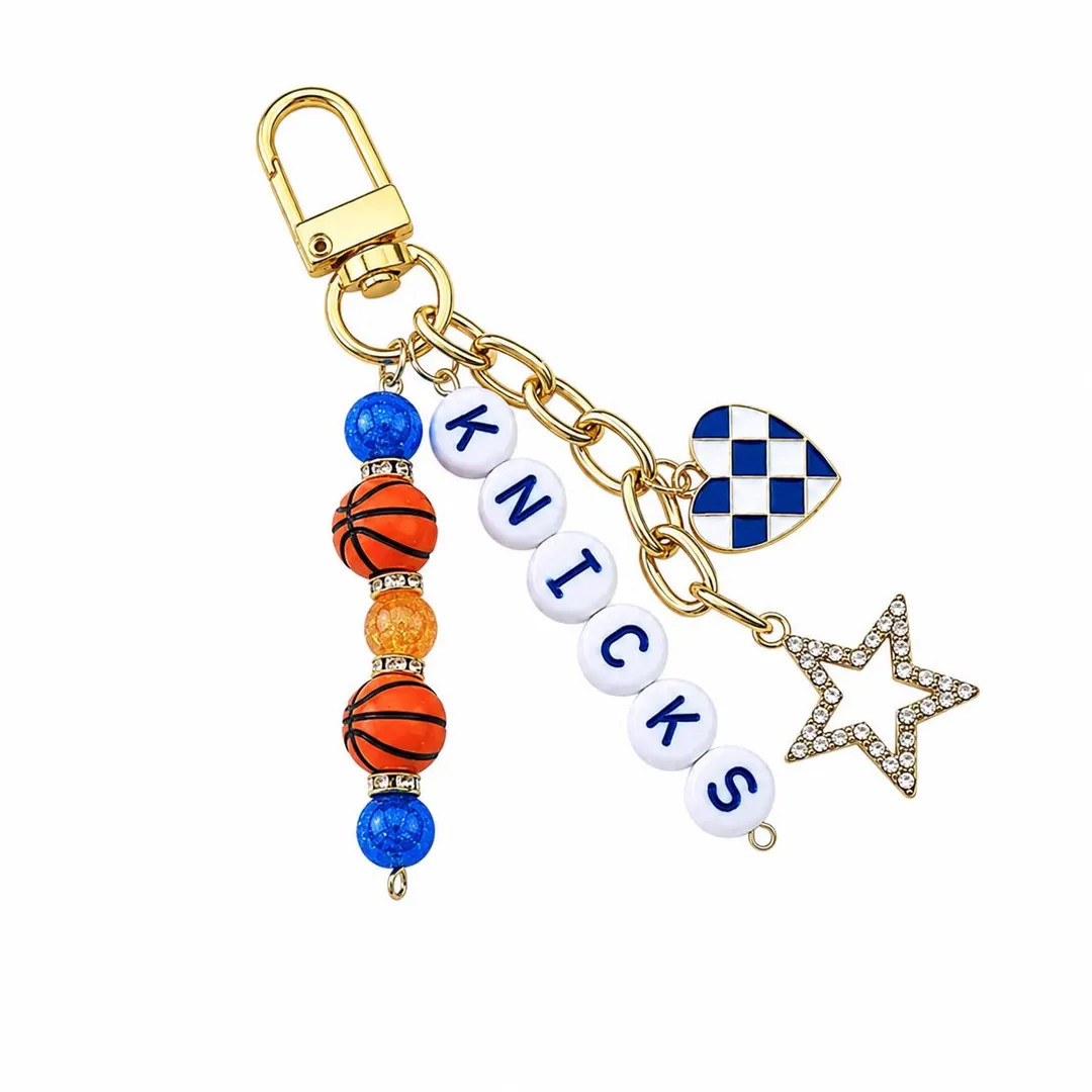 Knicks Basketball Keychain \u2013 Gold, Blue & Orange Beaded Keychain With Star and Heart Charms ... | Etsy (Global)