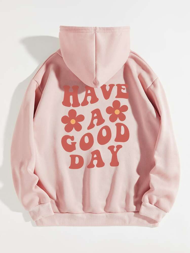 Floral & Slogan Graphic Drawstring Thermal Lined Hoodie | SHEIN