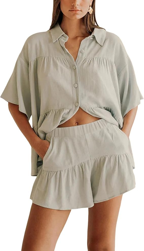 Qiaomai Womens 2 Piece Outfits Summer Ruffled Shirt and High Waist Shorts Matching Set | Amazon (US)