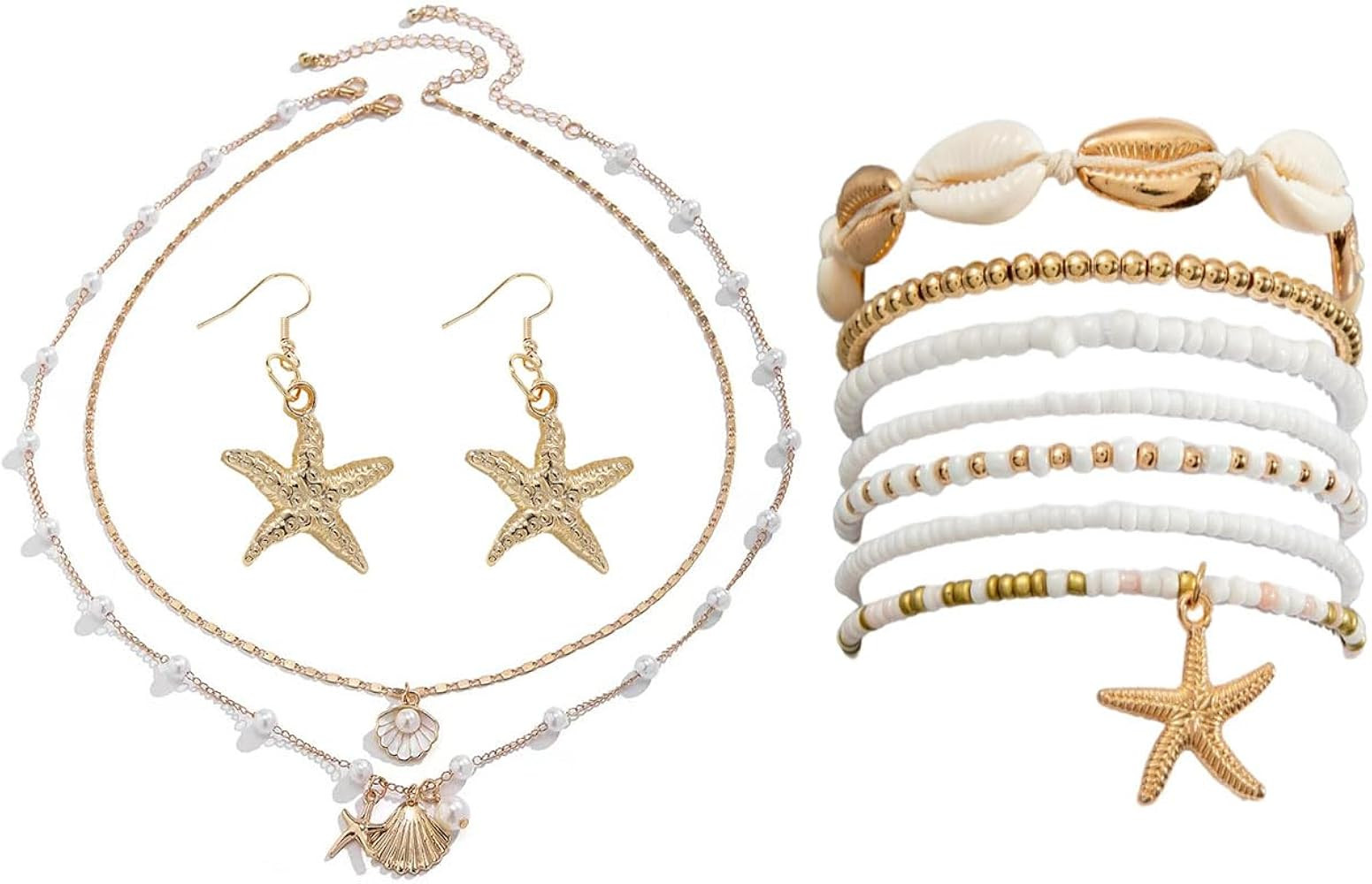 Shell Starfish Necklace Earrings Bracelets Boho Summer Beach Seashell Layered Charm Necklace Bead... | Amazon (US)