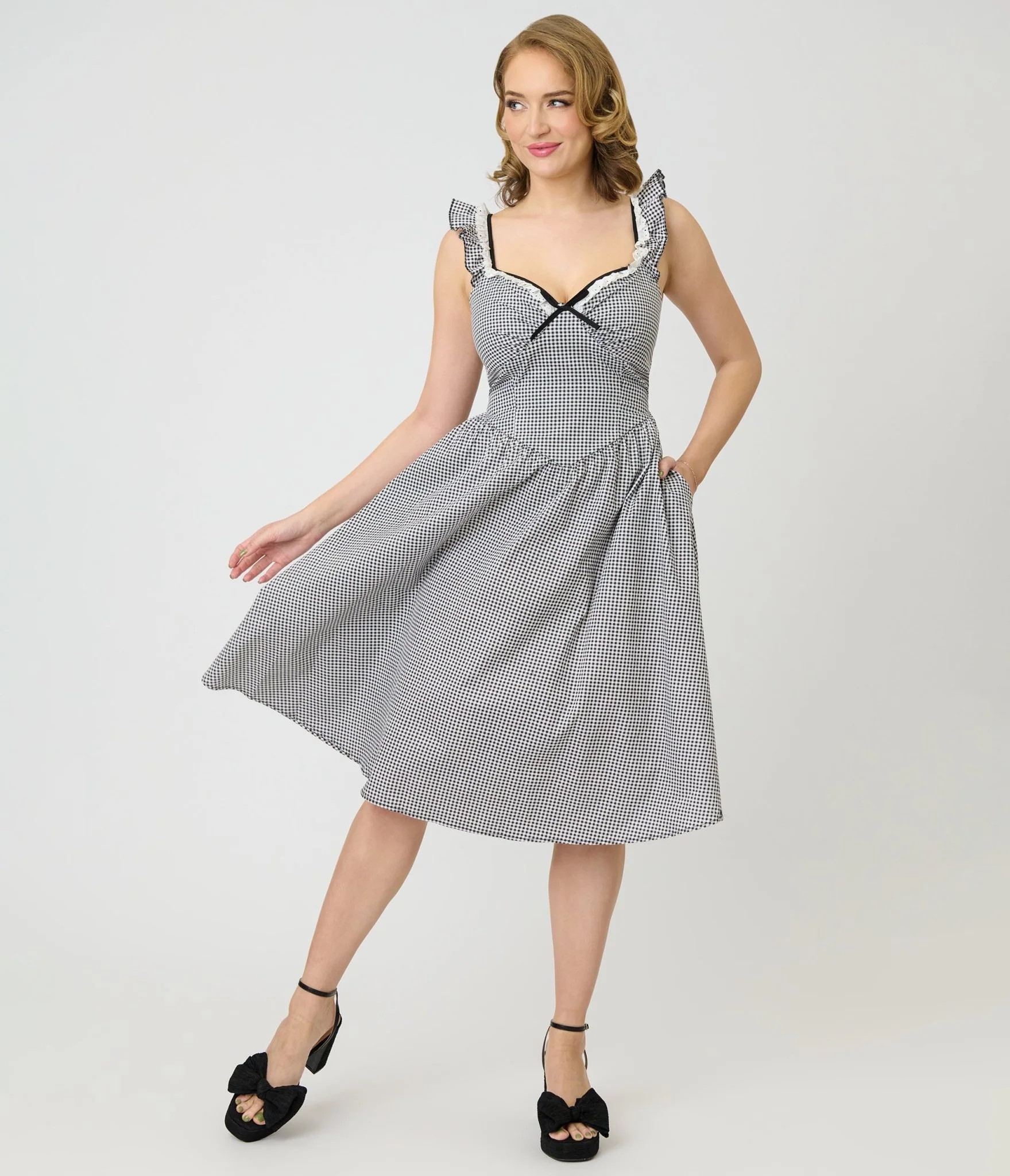 Unique Vintage Black & White Gingham Sweetheart Flutter Sleeve Swing D | Unique Vintage - North America