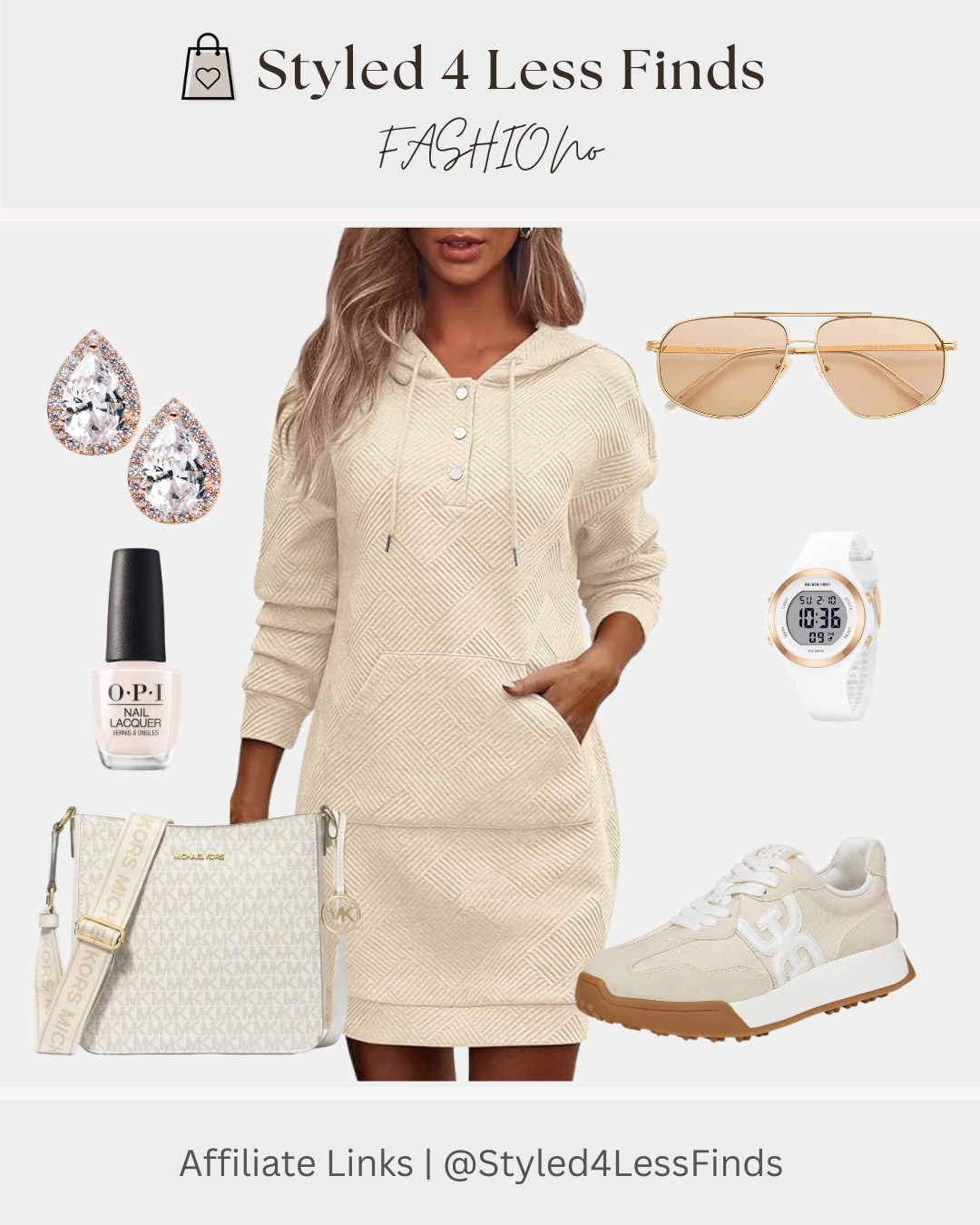 Neutral tones but make it fashion ✨ This cozy textured hoodie dress is the perfect throw-on-and-go piece that still looks polished. I paired it with creamy accessories and sporty sneakers for an effortless elevated casual vibe.

Style tip:
Mix textures in the same color family (knit, leather, canvas, metal) to create depth while keeping your outfit looking chic and put together. 

 #LTKcanada #LTKsummer #LTKover50style