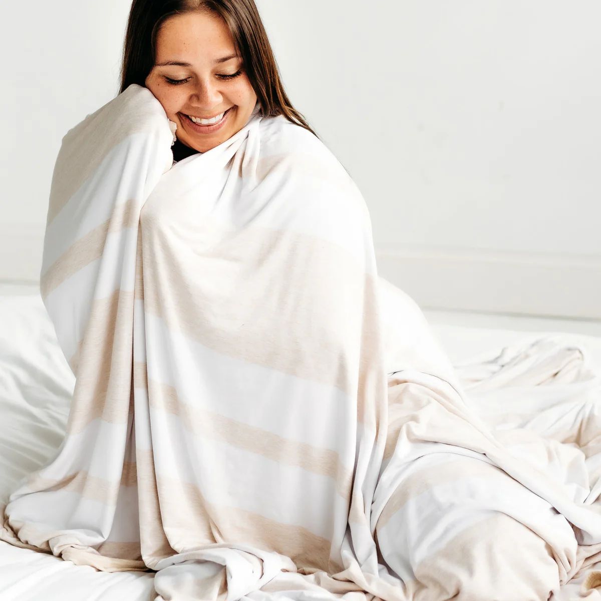 Heather Oatmeal Stripe Bamboo Viscose Oversized Cloud Blanket | Little Sleepies