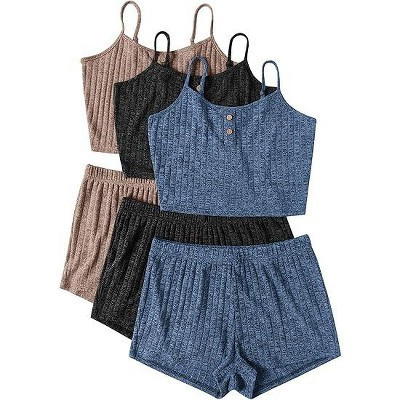 Ekouaer 3 Sets for Women Ribbed Pajamas Crop Cami Top and Shorts Pjs Casual Sleeveless Button Lounge Set Sleepwear Khaki/Black/Plain Blue S | Target