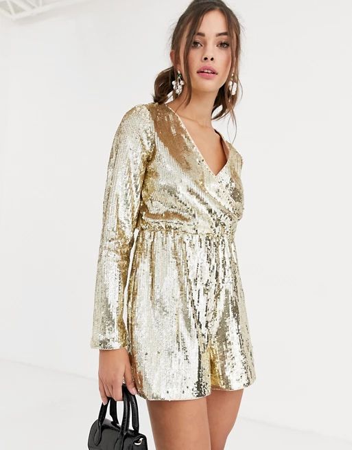 Collective The Label wrap sequin romper in gold | ASOS (Global)