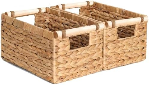 Set of 2 Wicker Baskets, Water Hyacinth Rectangular Storage Baskets with Wooden Handles, Large Wo... | Amazon (US)