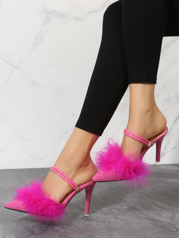 Neon Pink Contrast Fluffy Multi-way Wear Pumps | SHEIN