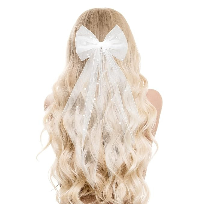 Bridal Pearl Hair Bow Veil Bridesmaid Large Hair Bow Wedding Veil with Barrette Bachelorette Part... | Amazon (US)