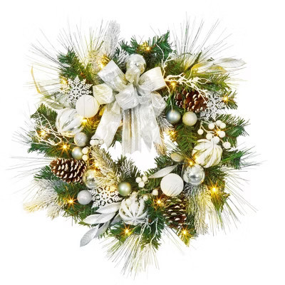24 in Christmas Wreaths, Xmas Wreath with Ball Ornaments, Pine Cone, Berry, Ribbon Bows & Snowflake, Winter Wreaths for Fireplace Window Outdoor | Target