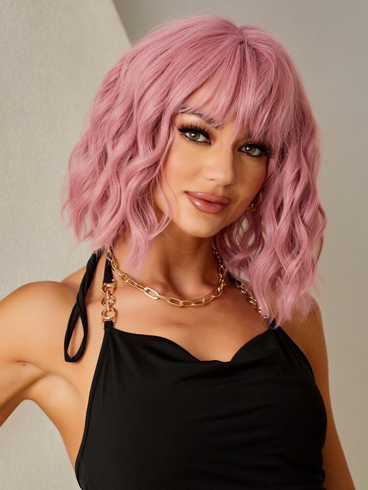 Pink Bob Wigs For Women Curly Wavy Wigs With Bangs Short Heat Resistant Synthetic Wigs For Party ... | SHEIN