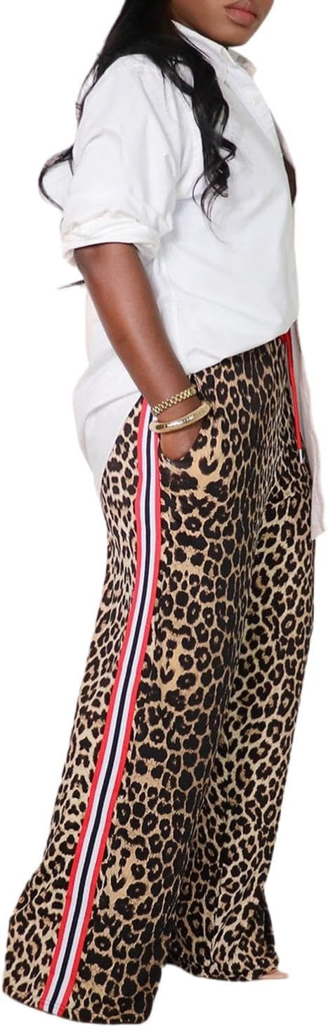 Womens Leopard Print Elastic High Waist Long Pants Wide Leg Loose Trousers with Pockets | Amazon (US)