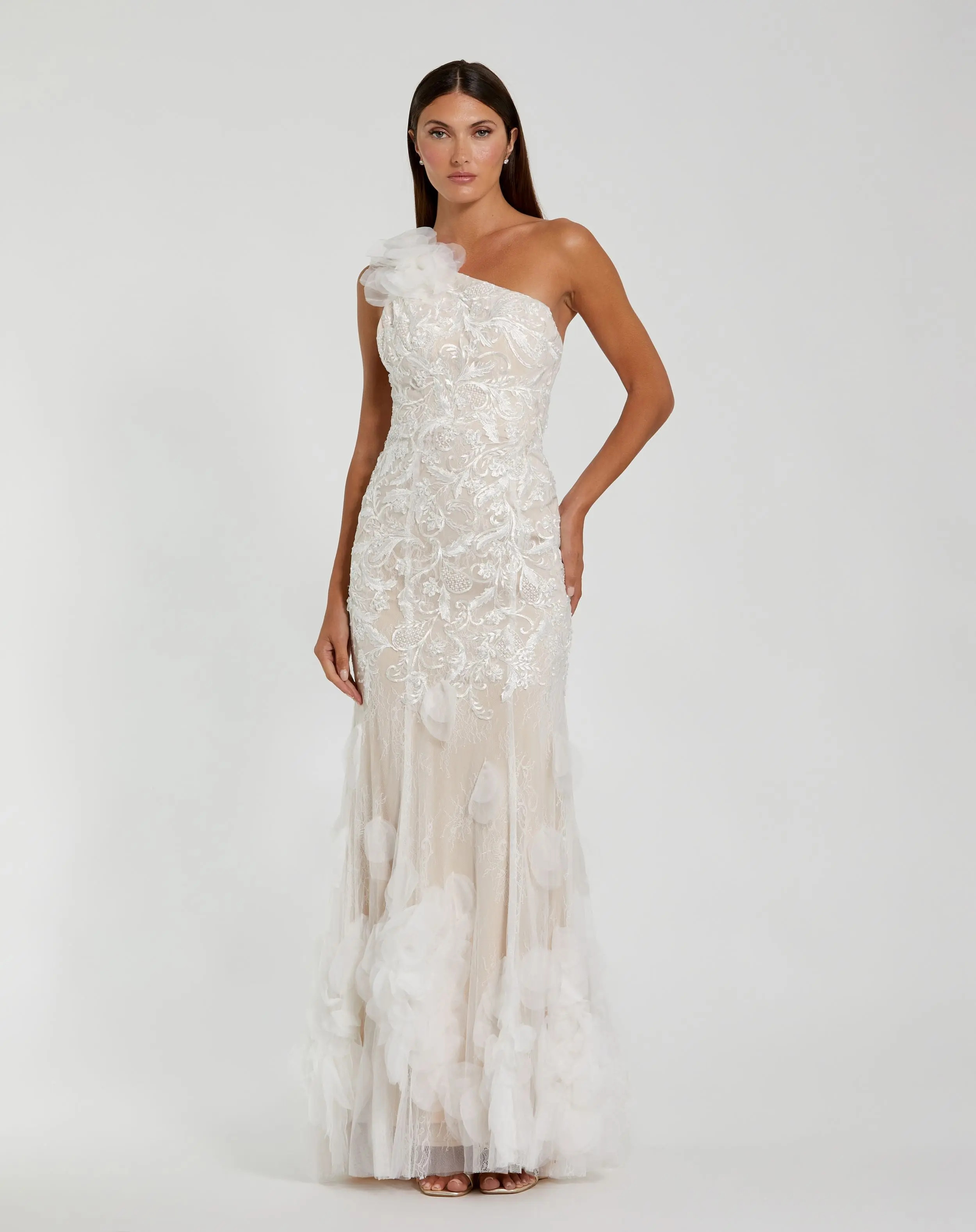 White Beaded Strappy One Shoulder Petal Mermaid Gown - Mac Duggal | Mac Duggal