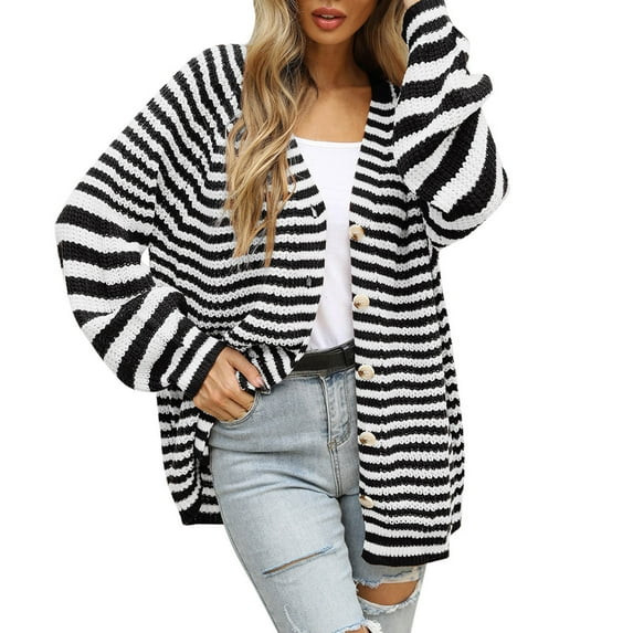 Womens Striped Cardigan with Buttons Vneck Long Sleeve Sweater Coat Fall Casual Loose Knitted Ope... | Walmart (US)