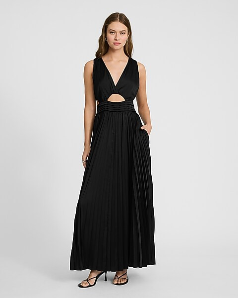 Satin Pleated V-neck Sleeveless Cutout Maxi Dress | Express