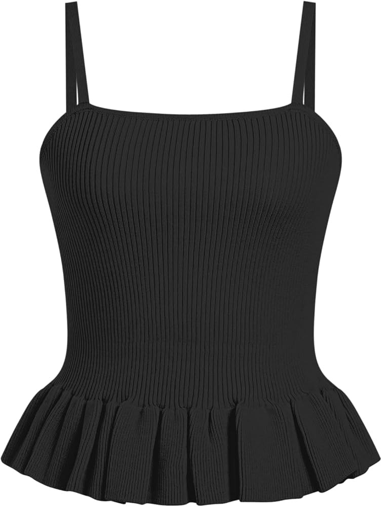 CIDER Striped Crop Tank Tops for Women Sleeveless Square Neck Ruffle Knit Peplum Tops Summer Vaca... | Amazon (US)
