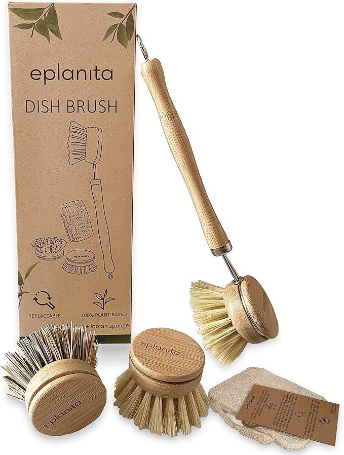 eplanita Natural Dish Brush, 3 Replacement Heads, Kitchen Eco Bamboo Scrubber Brushes, Extra Plan... | Amazon (US)