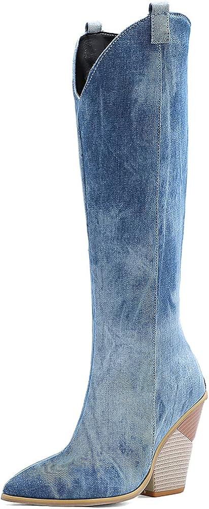 heelchic Women Snakeskin Chain Chunky Cowgirl Boots Ladies Zipper Pointed Toe High Heel Knee High... | Amazon (US)
