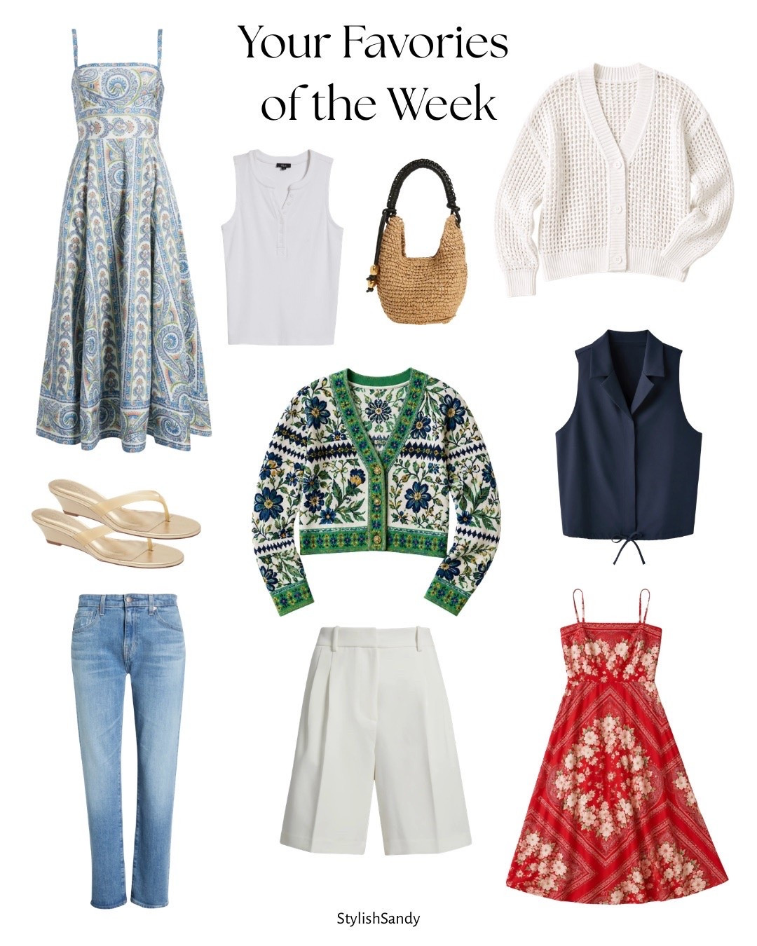 Your favorites of the week. 
Summer dress - blue runs small, red trts
Cardigan- tts
Open-knit cardigan- tts
Shorts- runs tts.  Trim around the middle.  
Straight Jeans - tts
Flip-flop Sandals- tts
Raffia summer bag
Tank - tts
Button up top- tts

#LTKxMadewell #LTKOver40 #LTKSeasonal