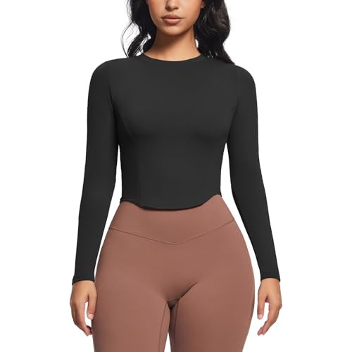 Aoxjox Long Sleeve T-Shirt for Women GEO Seamlines Padded Curve Longline Workout Crop Top Without Shelf (Black, X-Small) | Amazon (US)