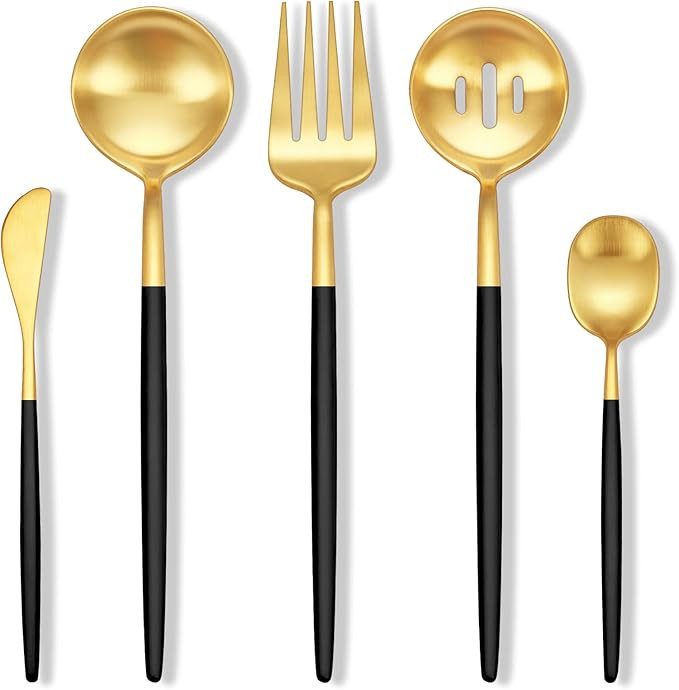 Stapava 5-Piece Black Gold Serving Utensils Set, Stainless Steel Hostess Set Include Large Spoons... | Amazon (US)
