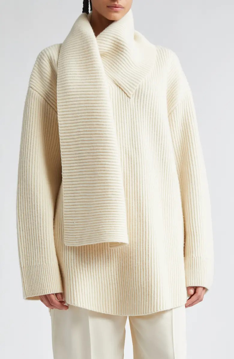 TOTEME Draped Scarf Oversize Funnel Neck Wool Rib Sweater | Nordstrom | Nordstrom