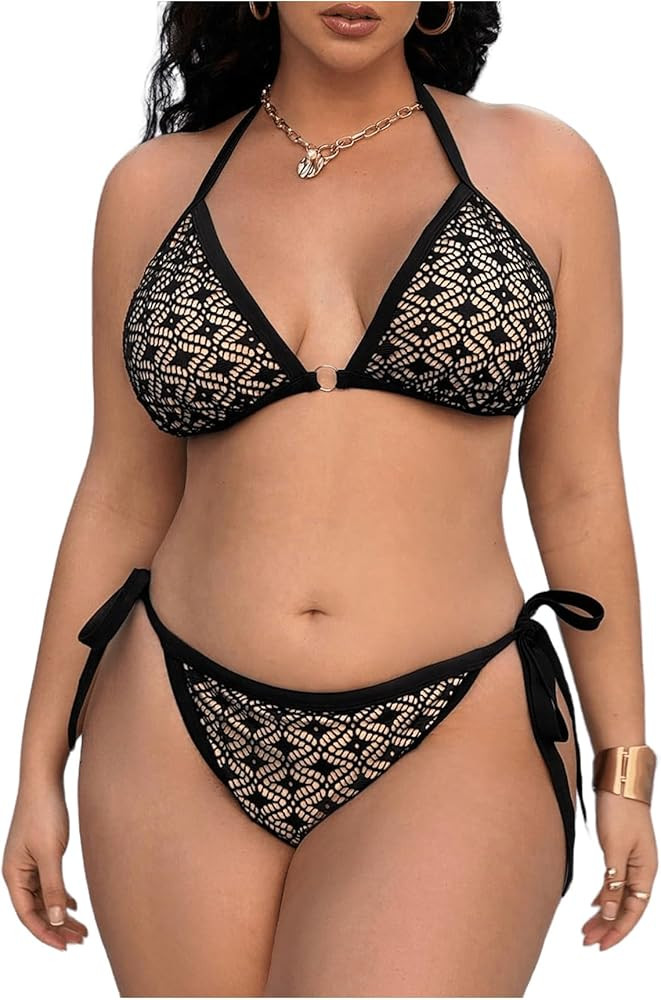Women Plus Size Thong Bikini Sets String Two Piece Halter Swimsuits with Tie Side Bottom | Amazon (US)