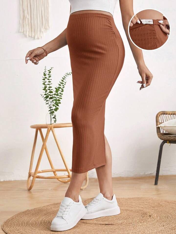 SHEIN Maternity Adjustable Waist Split Back Rib-knit Pencil Skirt | SHEIN