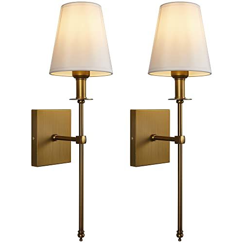 Passica Decor Modern Antique Brass Wall Sconce Set of Two, with Vertical Rod and White Fabric Flared | Amazon (US)