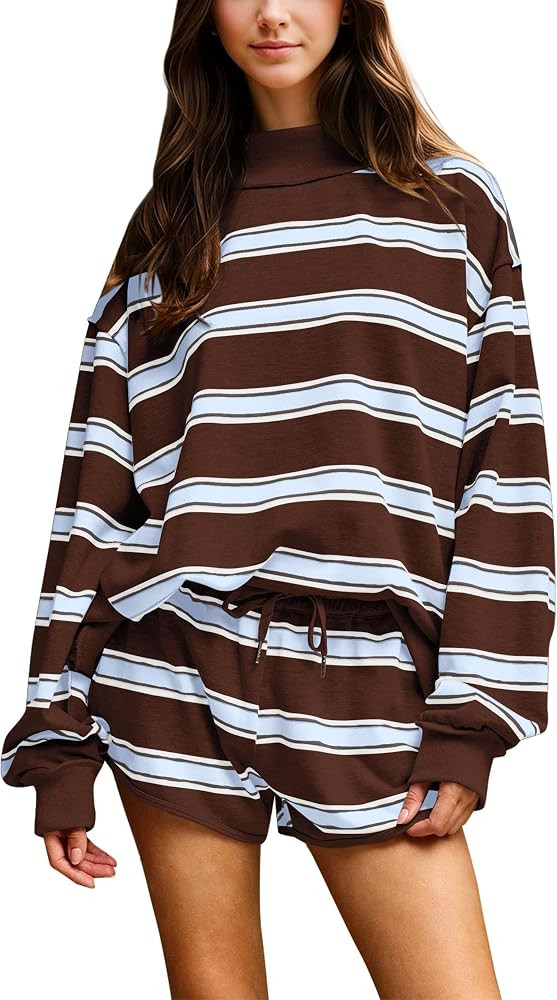 Women Striped 2 Piece Set Mock Neck Sweatshirt Matching Shorts Sets | Amazon (US)