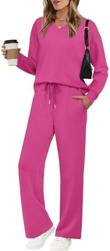 WIHOLL Lounge Sets for Women 2026 V Neck 2 Piece Outfits Airport Wide Leg Pants Matching Set Swea... | Amazon (US)