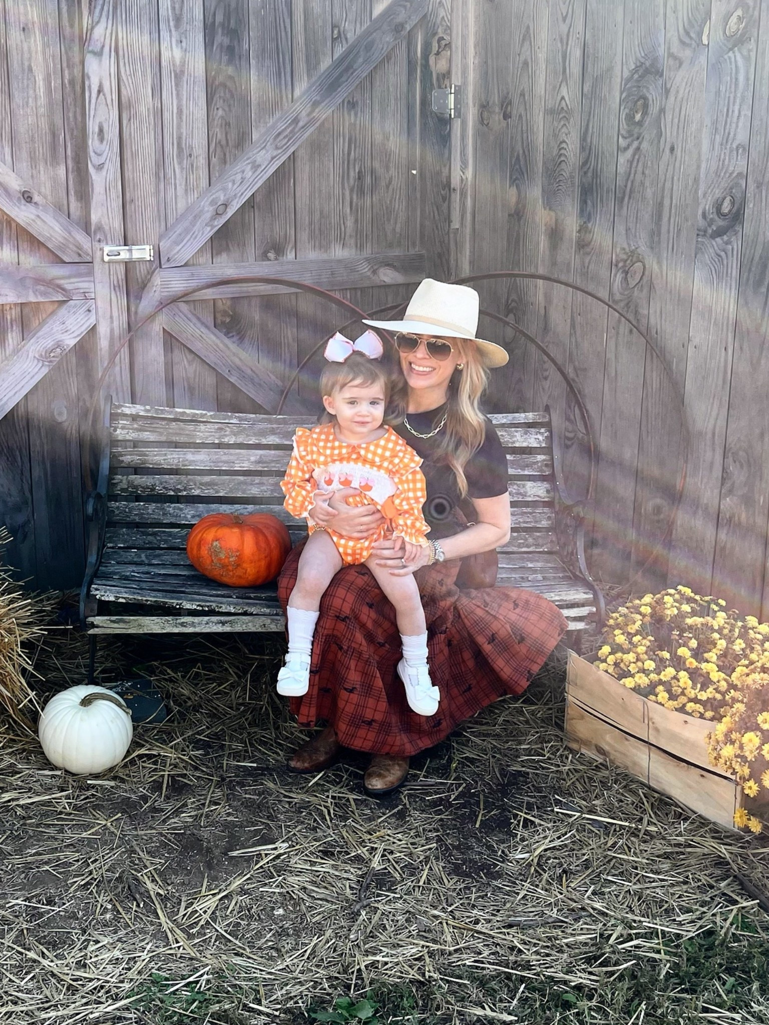Pumpkin patch days with my little pumpkin 🎃🤎 Caroline’s gingham romper was too sweet for fall, and I loved coordinating in warm harvest tones. My plaid midi skirt is from Mast General Store in Boone, North Carolina, but I linked a similar velvet pleated version for you below. Paired with caramel suede Tecovas boots, a structured Janessa Leone hat, and gold Melinda Maria jewelry — it’s the perfect rustic-chic fall look for family photos, festivals, or a cozy mountain weekend.

✨ Shop Our Looks:
👩‍👧 Mom’s Outfit:
– Similar Plaid Velvet Pleated Midi Skirt (Amazon)
– Suede Square-Buckle Waist Belt (J.Crew Factory)
– The Jamie in Caramel Suede Boots (Tecovas)
– Sherman Hat (Janessa Leone)
– Cruz Sunglasses (DIFF Eyewear)
– Lil Frankie Chain Necklace + Bracelet + With a Twist Hoops (Melinda Maria Jewelry)
– TAG Heuer Aquaracer Watch (Ben Bridge Jeweler)

👧 Caroline’s Outfit:
– Gingham Pumpkin Romper (Amazon)
– Felix & Flora White Bow Shoes (Amazon)
– American Trends Baby Knee-High Socks (Amazon)
– Large Pink Hair Bow (similar linked 🎀)

⸻



Mommy and me fall outfits 🍁 | pumpkin patch photo outfit ideas | Mast General Store fall skirt | rustic fall fashion | Tecovas boots outfit | Janessa Leone hat style | Melinda Maria jewelry gold | cozy fall neutrals | Amazon fall finds for moms and toddlers | gingham baby romper outfit | Boone North Carolina fall style | mountain town fall outfit inspo | family photo outfit ideas | fall fashion 2025 trends | western chic harvest outfit | timeless fall mom style


#LTKFindsUnder50 #LTKBaby #LTKKids

#LTKKids #LTKShoeCrush #LTKBaby