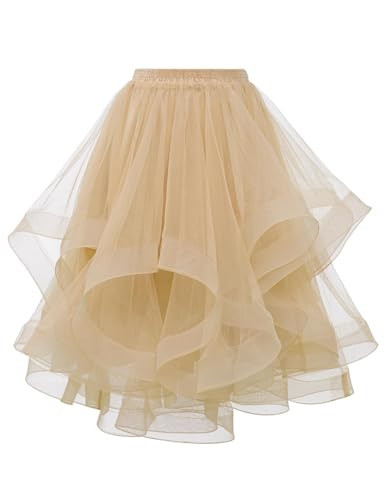 DRESSTELLS Champagne Gold Tulle Skirts for Women Midi A Line Elastic High Waisted Summer Tiered Layered Puffy Tutu Fluffy Wedding Party Skirt L | Amazon (US)