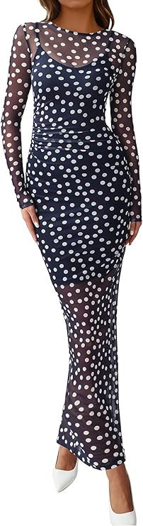 BTFBM Spring Dresses for Women 2026 2 Piece Set Long Sleeve Polka Dot Sexy Bodycon Mesh Dress and... | Amazon (US)