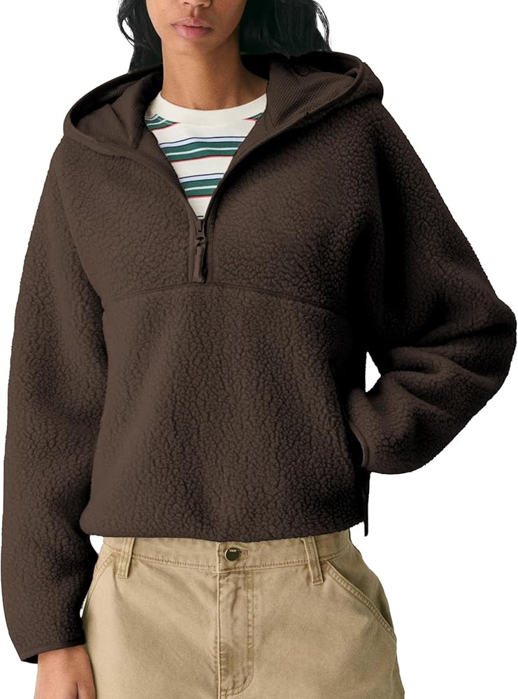 Women's Hoodie Half Zip Sherpa Fleece Pullover Lightweight Cropped Jacket with Zipper Pockets | Amazon (US)