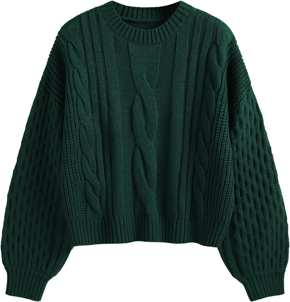 ZAFUL Women's Solid Knit Cable Sweater Casual Long Lantern Sleeve Pullover Crew Neck Knitted Tops | Amazon (US)