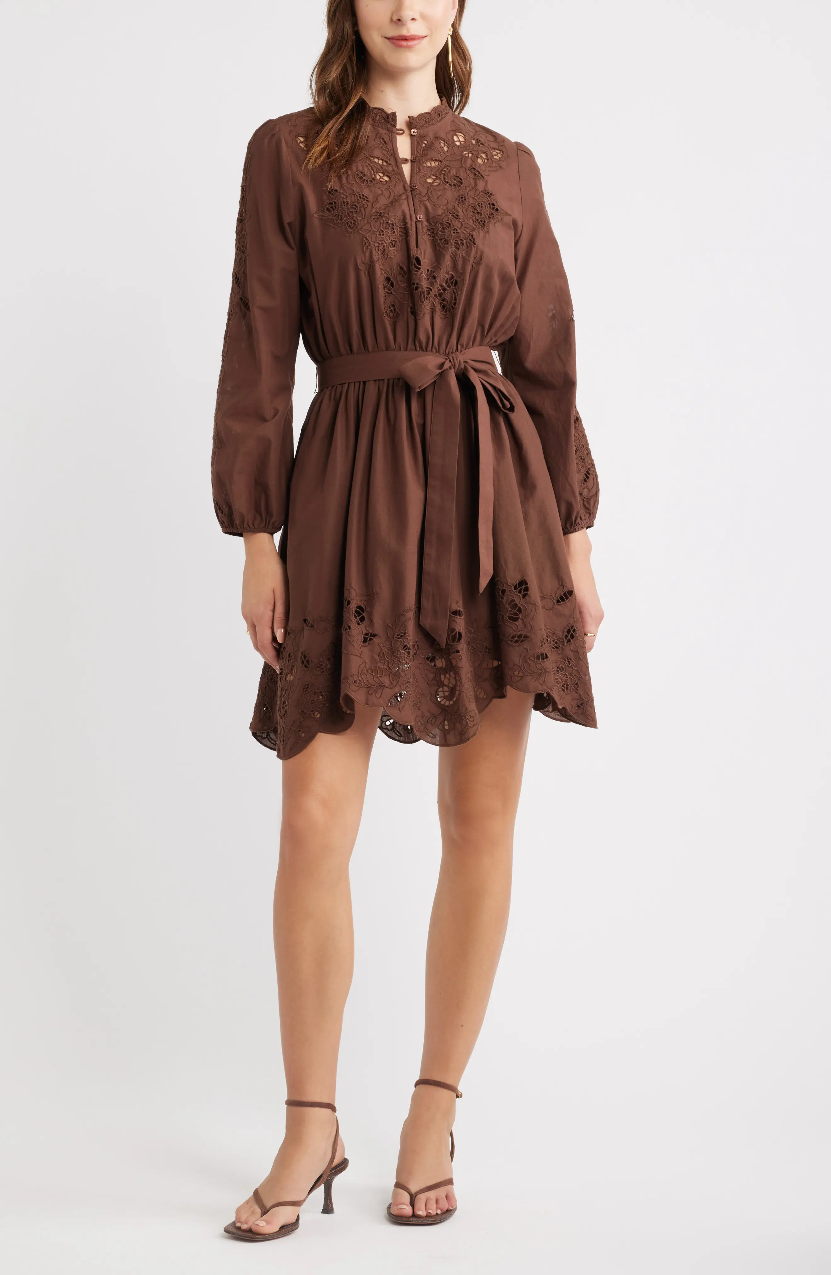 Embroidered Long Sleeve Tie Waist Minidress (Women) | Nordstrom | Nordstrom