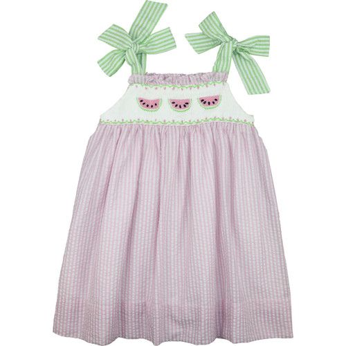 Pink And Green Seersucker Smocked Watermelon Dress | Cecil and Lou