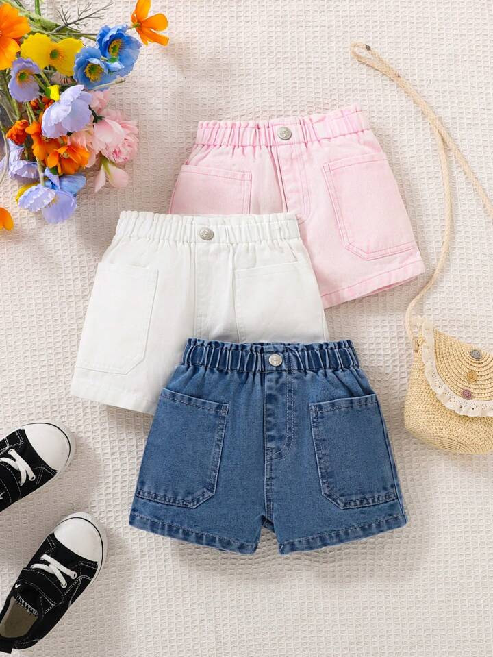 SHEIN 3pcs Baby Girl Loose Fit Multi-Colored Denim Shorts With Ruffle Trim | SHEIN
