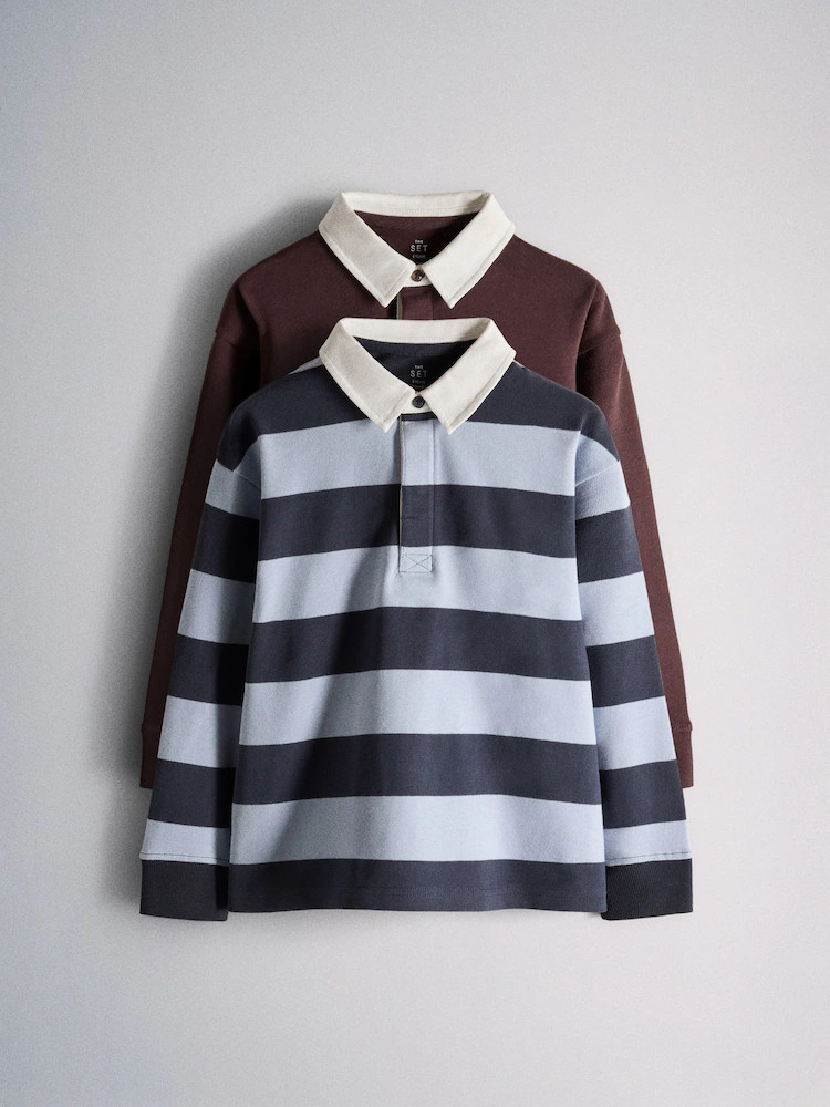 The Set 2 Pack Rugby Stripe Long Sleeve Tops Navy/Burgundy | Next US