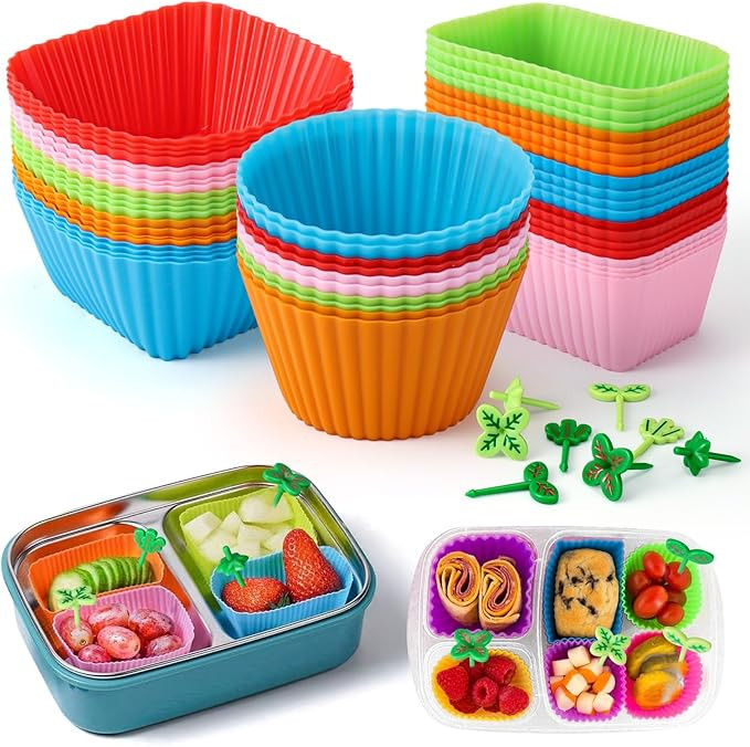 Palksky Bento Box Dividers, 50 Pack Silicone Lunch Box Dividers with 8 PCS Leaf Food Picks, 3 Sha... | Amazon (US)