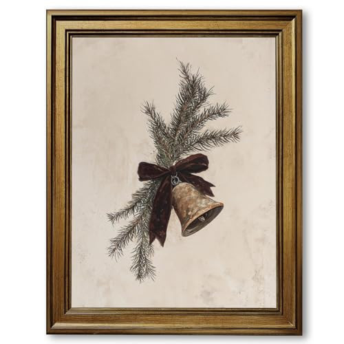 Vintage Christmas Bells Poster with Pine Bow Ribbon Neutral Wall Art Rustic Holiday Winter Xmas Farmhouse Canvas Prints Painting Wall Decor for Bedroom Kitchen Entryway 12x16inch Retro Framed | Amazon (US)
